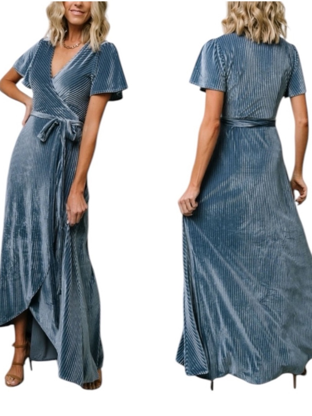 NWT Baltic Born Andi Ribbed Velvet Maxi Wrap Dress in Blue Size XL - Picture 2 of 9